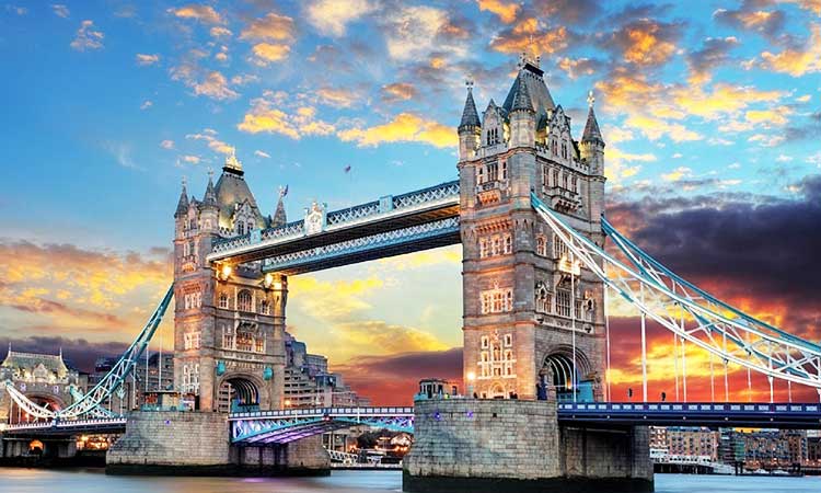 Tower Bridge in London during the sunrise