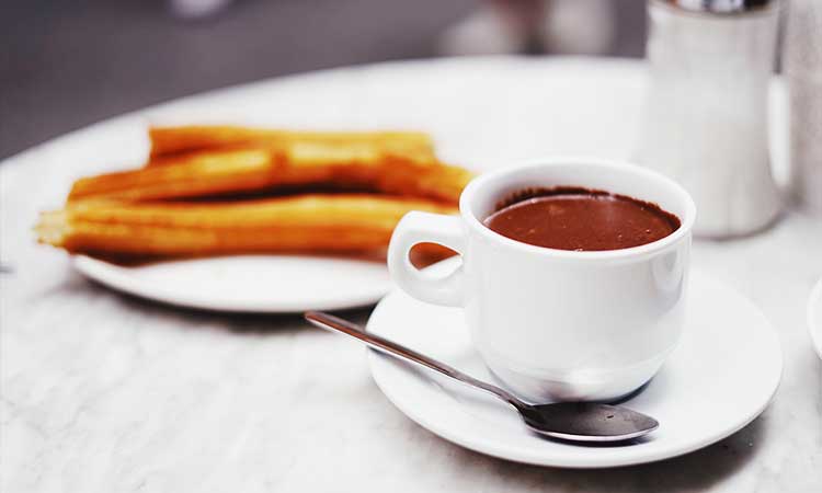 Churros con Chocolate, churros with a cup of hot chocolate in Barcelona