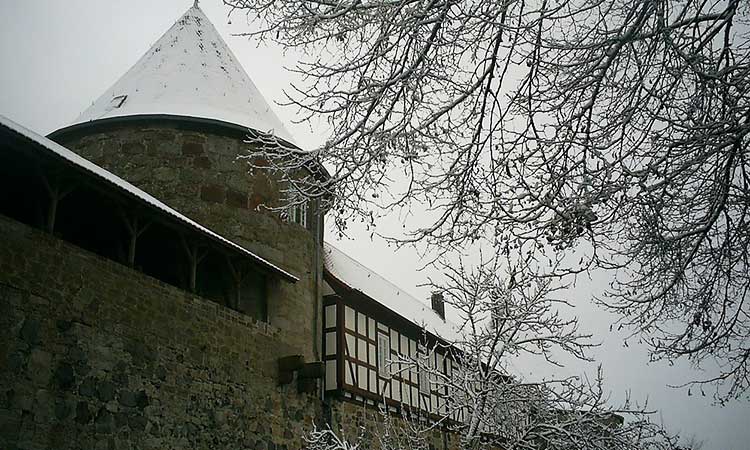 Burg Herzberg in the winter, snow covered castle